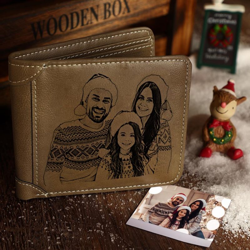 Custom Photo Engraved Short Wallet Brown Leather | Christmas Gifts