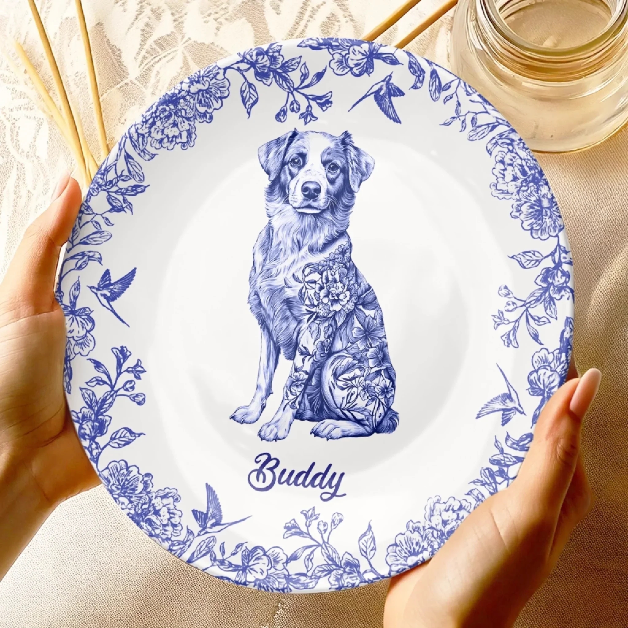 Whispers Of Love In Toile de Jouy Dog Personalized Custom Ceramic Plate Gift For Pet Owners, Pet Lovers - Image 2