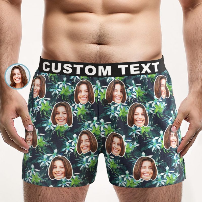 Custom Face Flowers and Leaves Design Boxer Shorts Personalized Waistband Casual Underwear for Him
