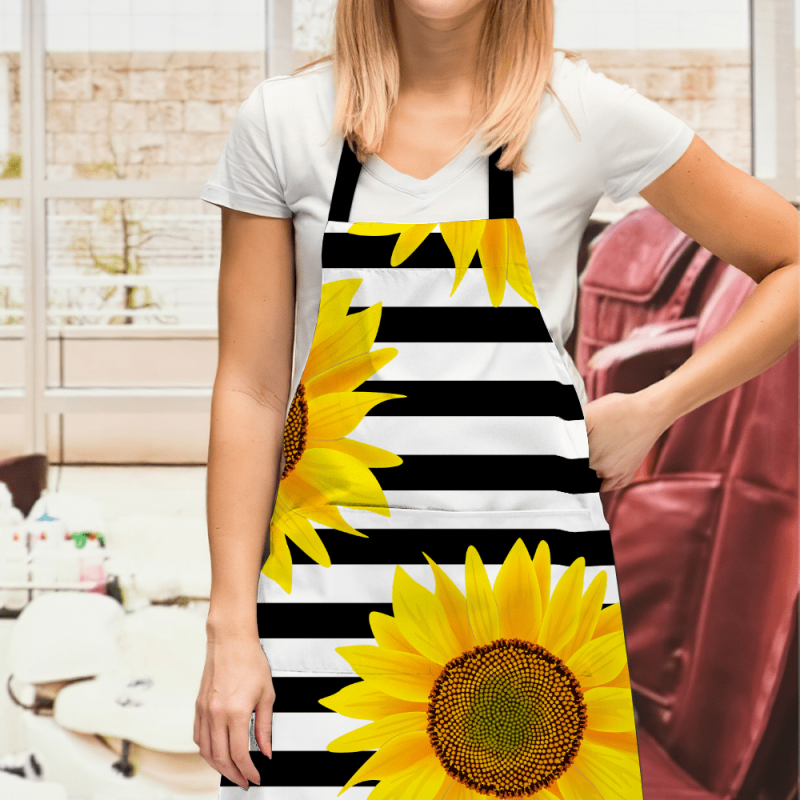 Personalized Apron Sunflowers On Striped Black and White Gifts for Mom