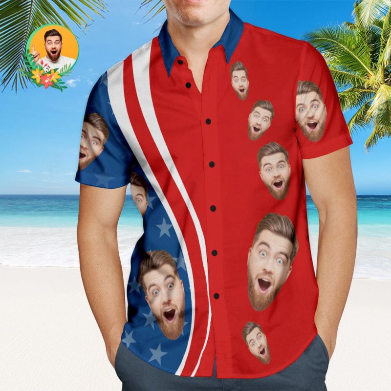 Custom Face 4th of July American Flag Patriotic Hawaiian Shirts Independence Day Men’s Hawaiian Shirts