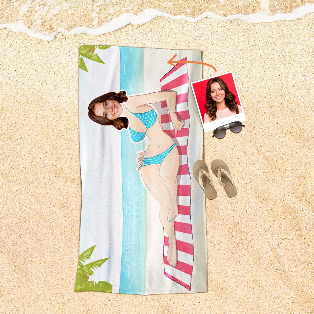 Custom Face Beach Towel Personalized Blue Striped Swimsuit Beach Towel Funny Gift for Summer - Image 2