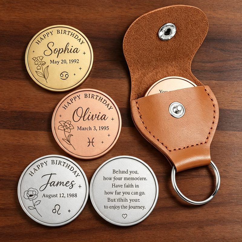 Custom Birthday Coin Keychain – Personalized Name Date & Zodiac Sign Keychain Gift for Her Him