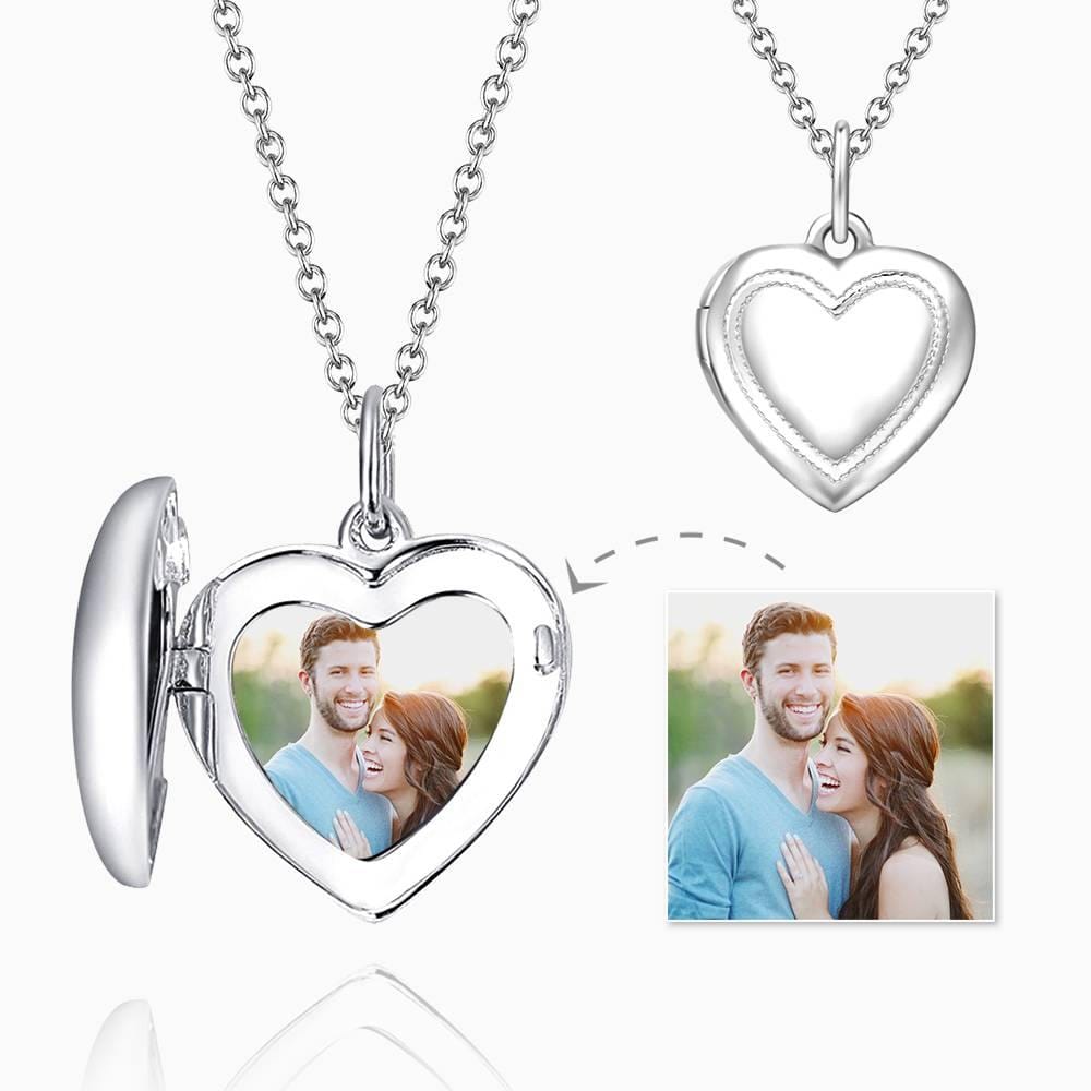 Heart Photo Locket Necklace With Engraving Name Gifts for Her Platinum Plated - Image 2