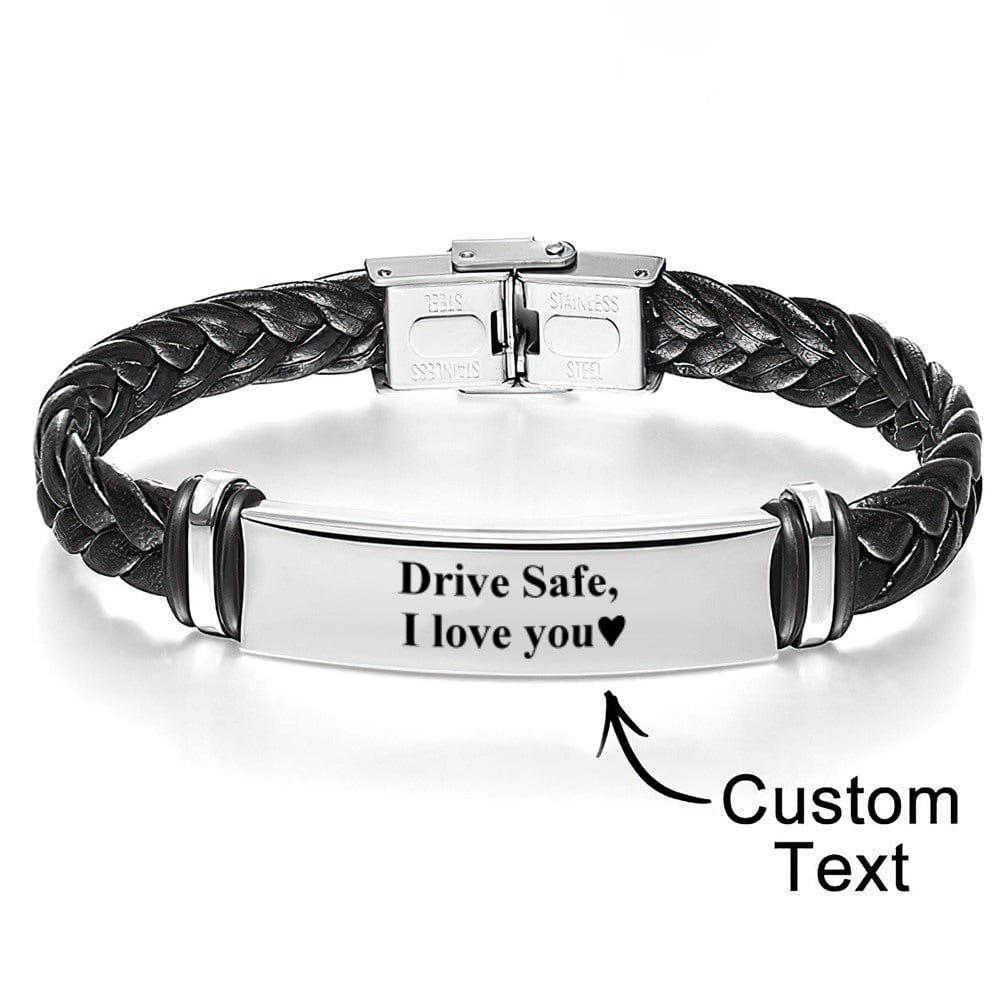Custom Engraved Leather Bracelet Men's Bracelet - Drive Safe - Image 2