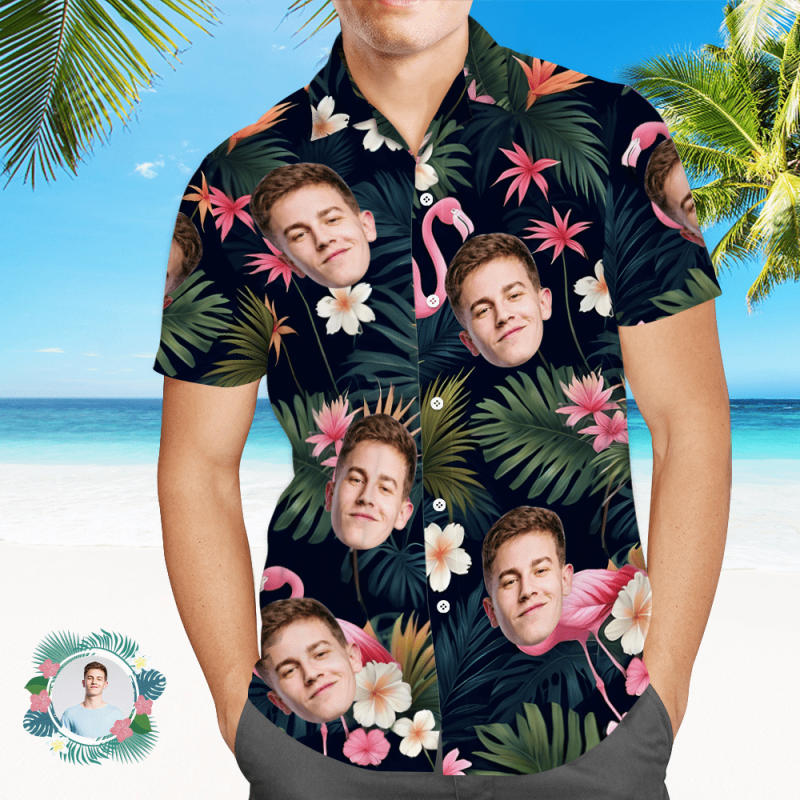 Custom Face All Over Print Men’s Hawaiian Shirt Flamingo Flower and Leaves Gift for Him