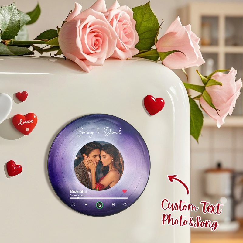Custom Music Fridge Magnet Round Frame Album Fridge Magnet Can Play Songs Can Upload Your Music Gift for Couples