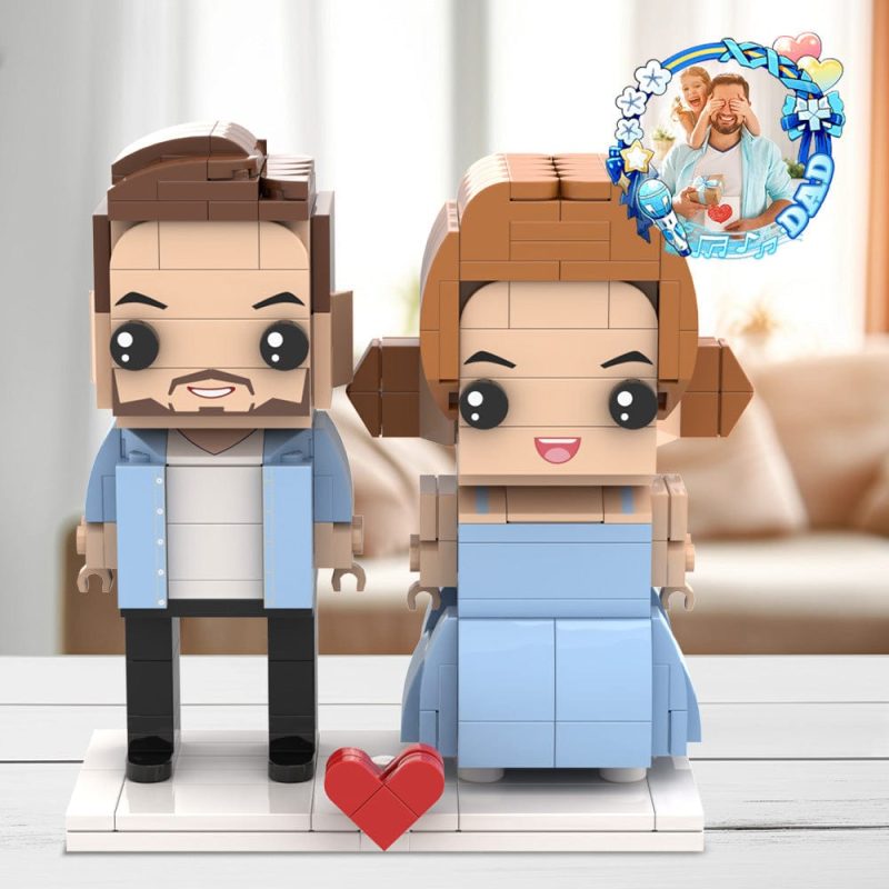 Personalized Fully Body Customizable Brick Figures Dad and Daughter In Blue Dress Gift For Dad