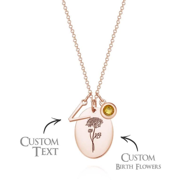 Personalized Text Birthstone Necklace Birth Flower Necklace Gift for Mom