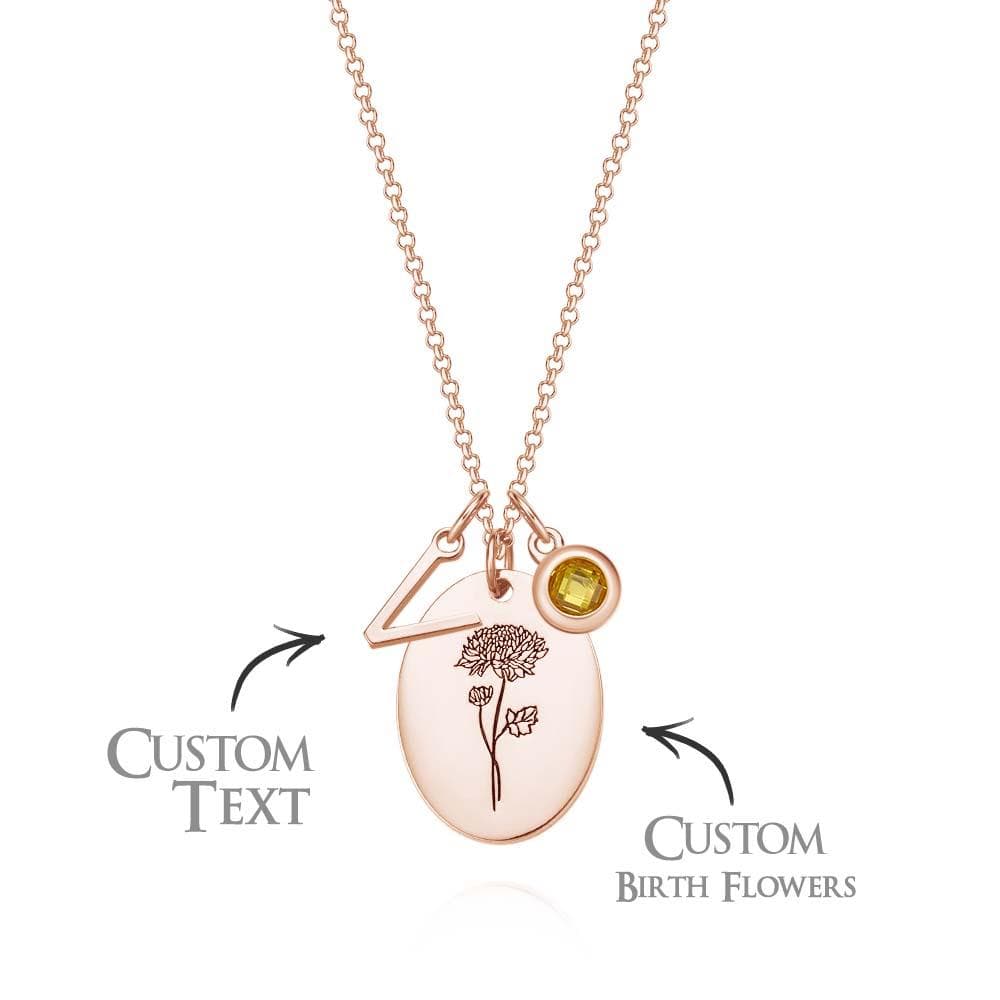 Personalized Text Birthstone Necklace Birth Flower Necklace Gift for Mom