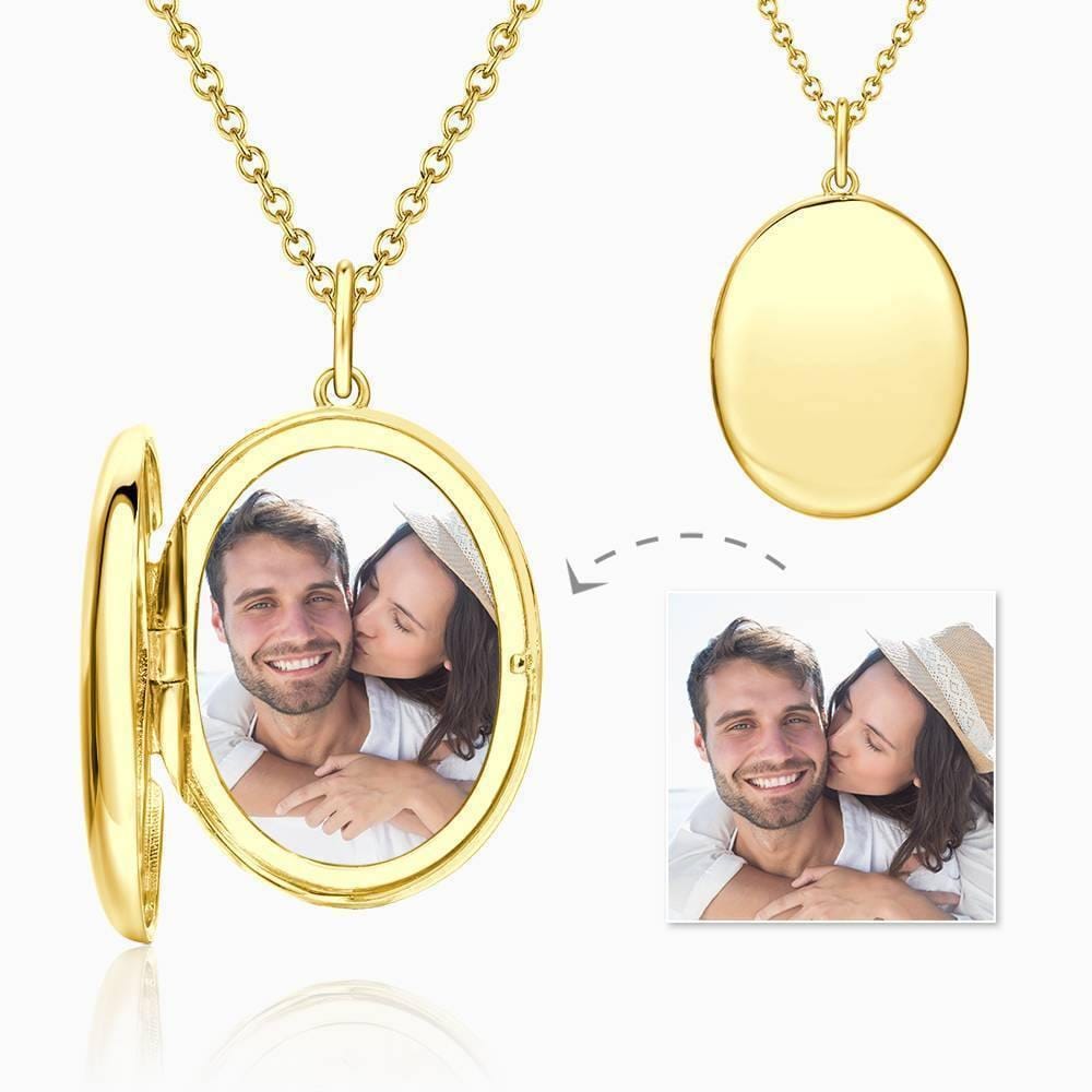 Personalized Photo Locket Necklace With Name Oval 14k Gold Plated