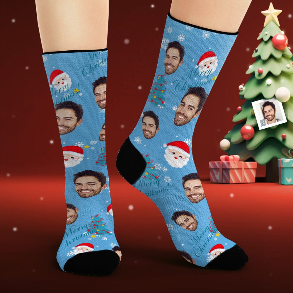Custom Face Socks Personalized Photo Blue Socks Santa Claus and Elk