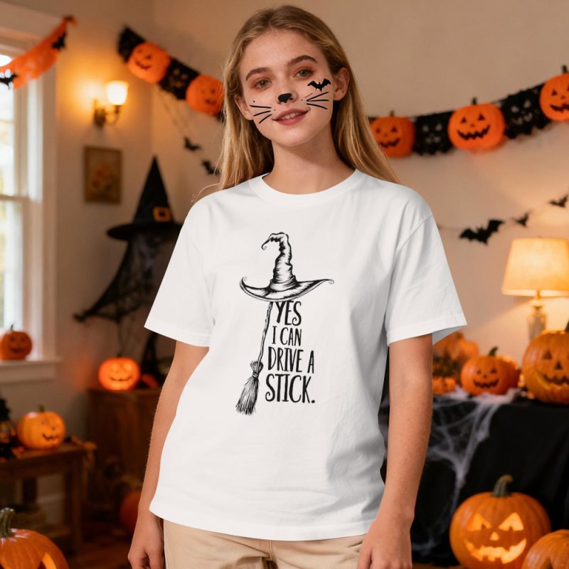 Yes I Can Drive A Stick T Shirt, Funny Halloween Witch Tee for Women, Spooky Party Shirt, Cute Halloween Gift Top, Witchy Costume Outfit