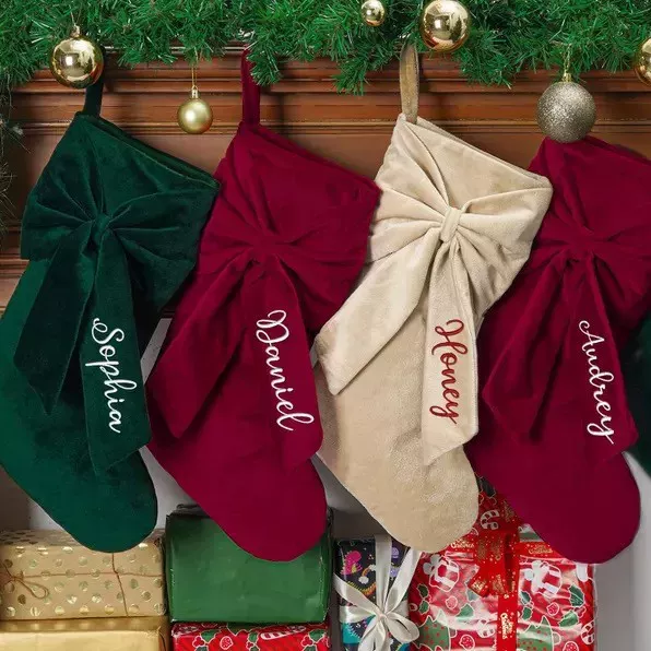 Custom Name Embroidered Christmas Stocking Elegant Bow Detail Festive Holiday Mantel Hanging Decor
