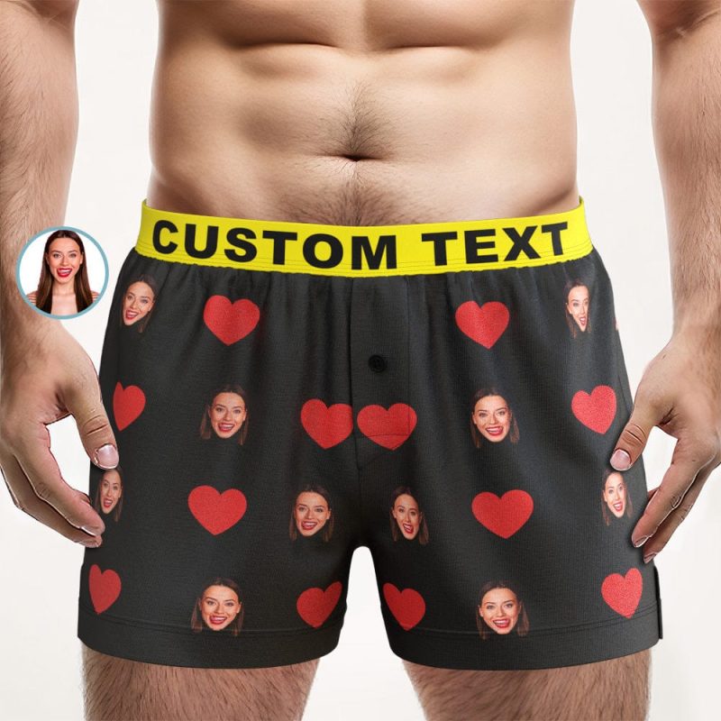 Custom Face Red Heart Design Boxer Shorts with Personalized Text on the Waistband Personalized Underwear for Him