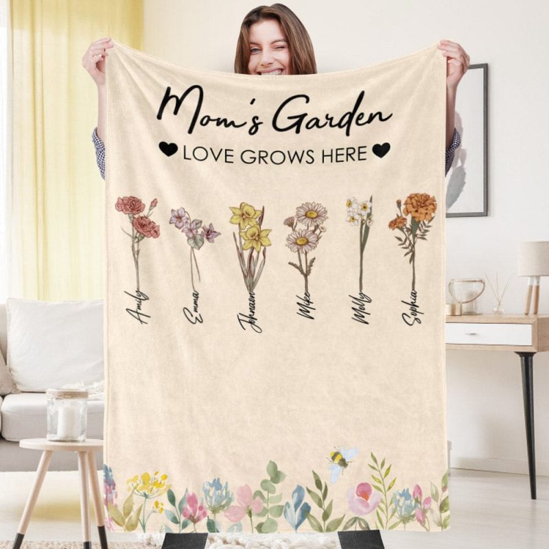 Custom Birthday Flower Blanket Personalized Name Blanket Gift for Grandma