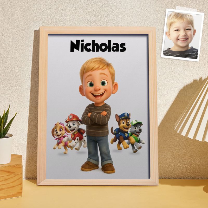 Personalized Dog Paws Cartoon Portrait: Custom Kid’s Wall Art