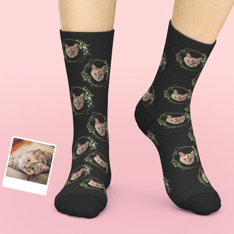 Cat Photo Socks Custom Pet With Leaves Socks Best Christmas Gift for Cat Lover