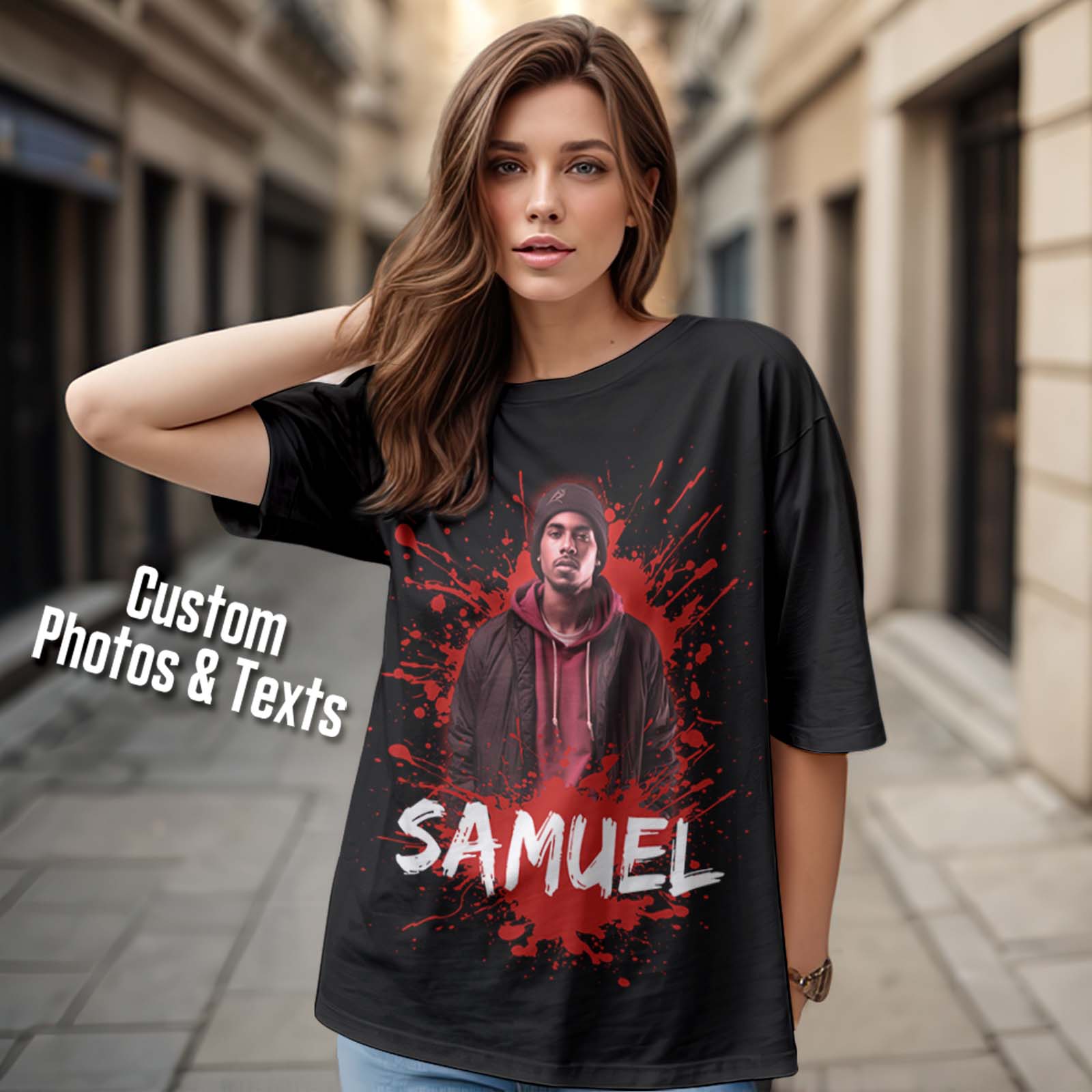 Custom Photo Vintage T-shirt Personalized American Hip-hop Rap Tee with Name - Image 2