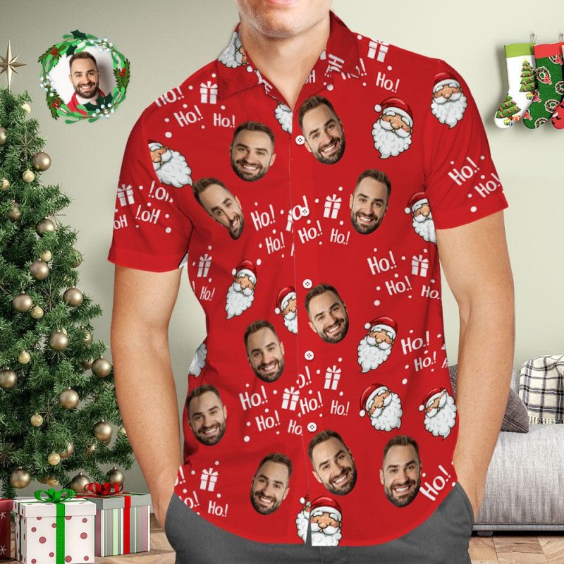 Custom Face Men’s Hawaiian Shirt Personalized Photo Red Hawaiian Shirts Santa Claus HOHOHO Merry Christmas
