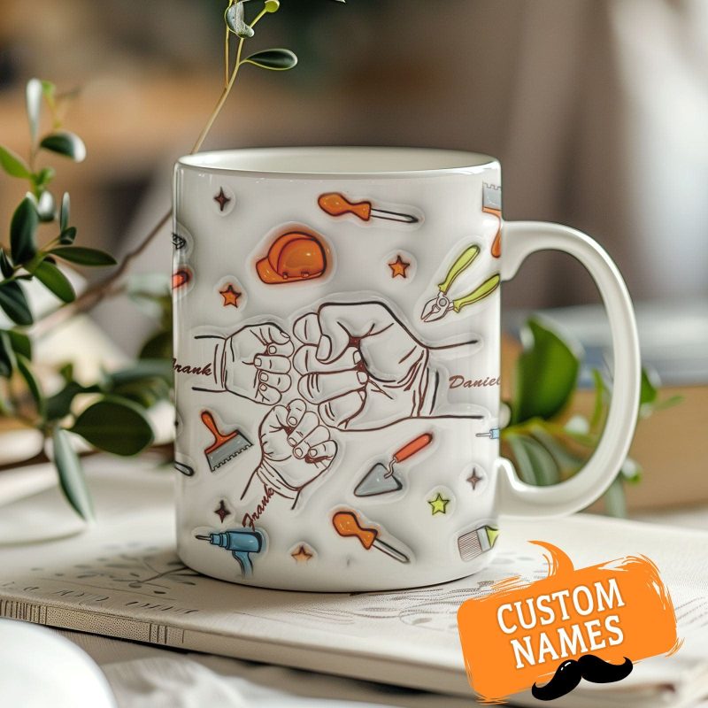 Personalized Names Mug Custom 1-6 Kids Fist Bump 3D Inflated Effect Printed Mug Creative Gift for Dad Grandpa Great Fixer