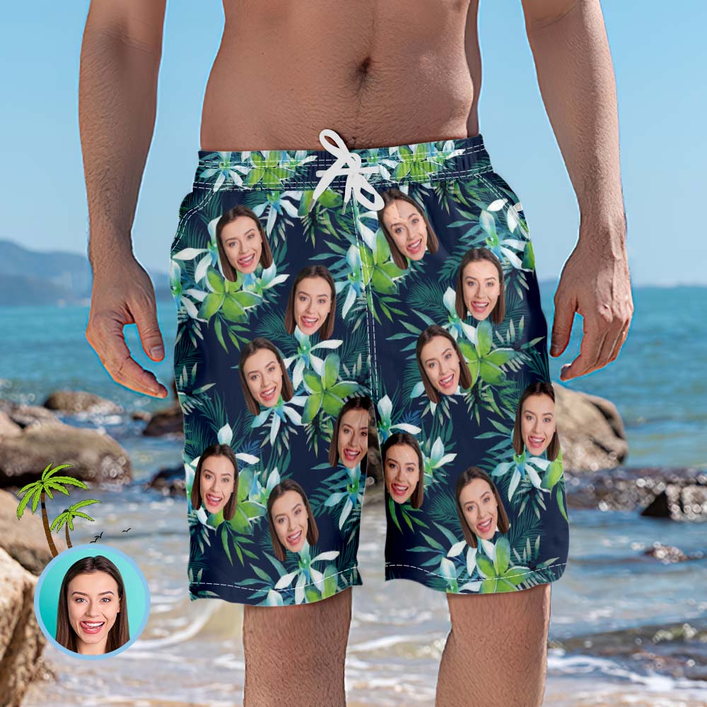 Men's Custom Face Beach Shorts With Face Gifts for Men - Leaves