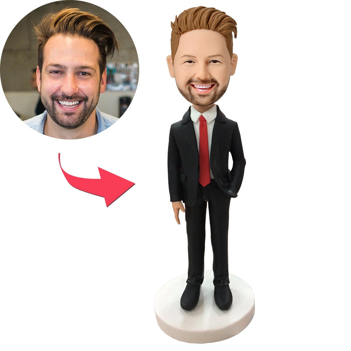Custom Male Executive in Red Tie Best Employee Trophy Base Business Gift Bobblehead With Engraved Text - Image 2