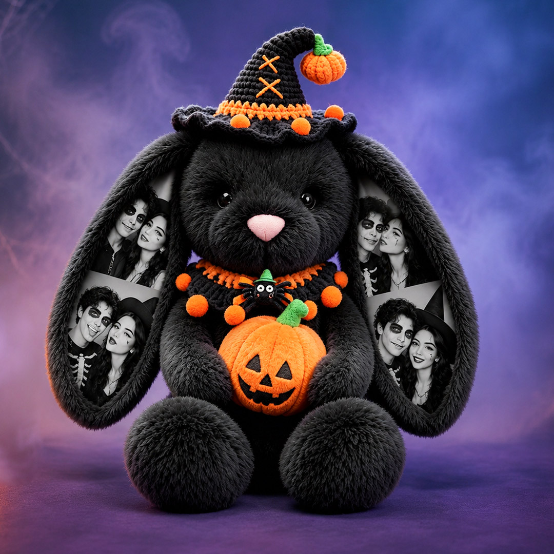 Custom Photo Halloween Plush Bunny, Personalized Photo Ears Rabbit Animal Stuffed Toy with Pumpkin & Witch Hat, Spooky Couple Gift for Halloween Decor - Image 2