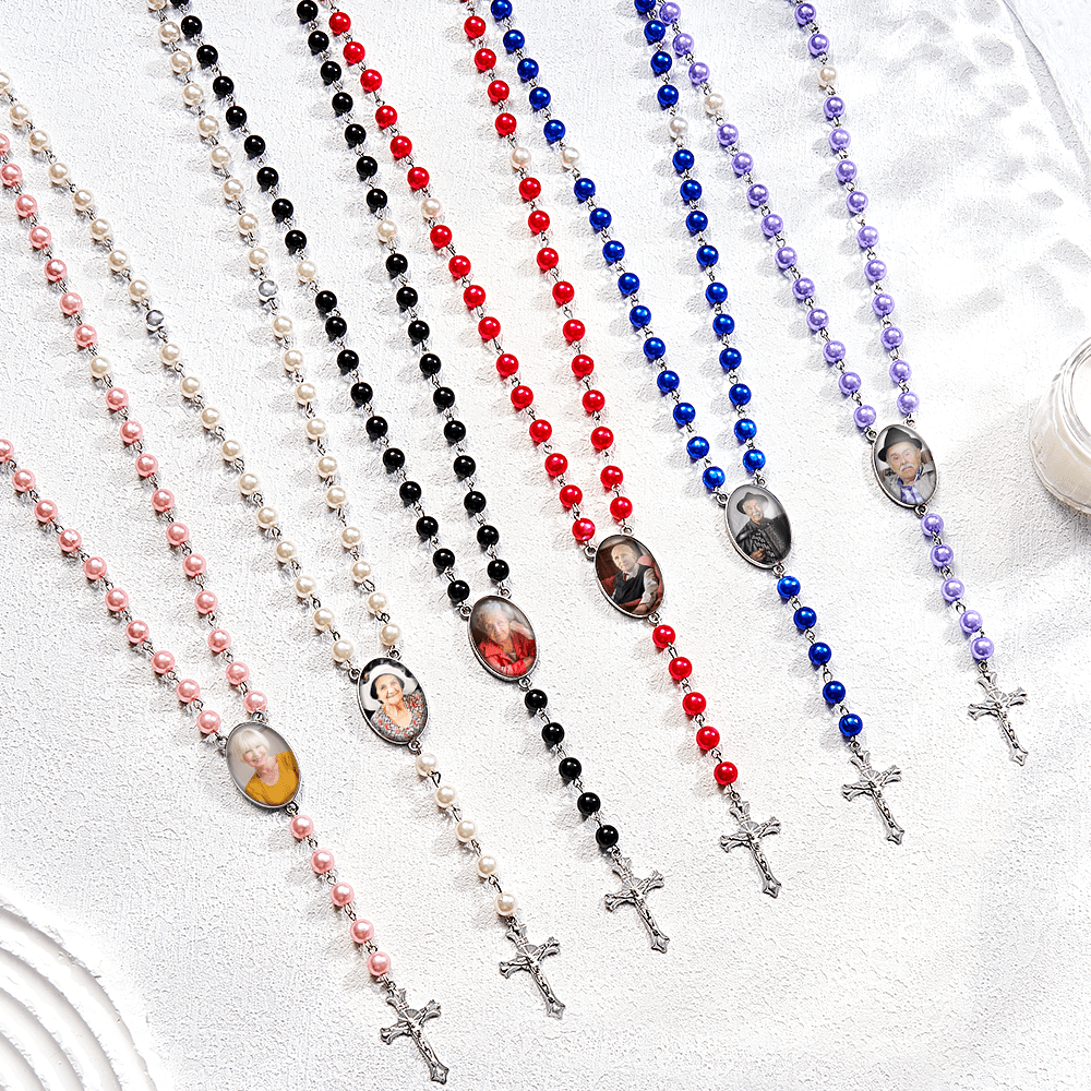 Custom Rosary Beads Cross Multi-Color Necklace Personalized Necklace with Photo Memorial Gift for Women - Image 2