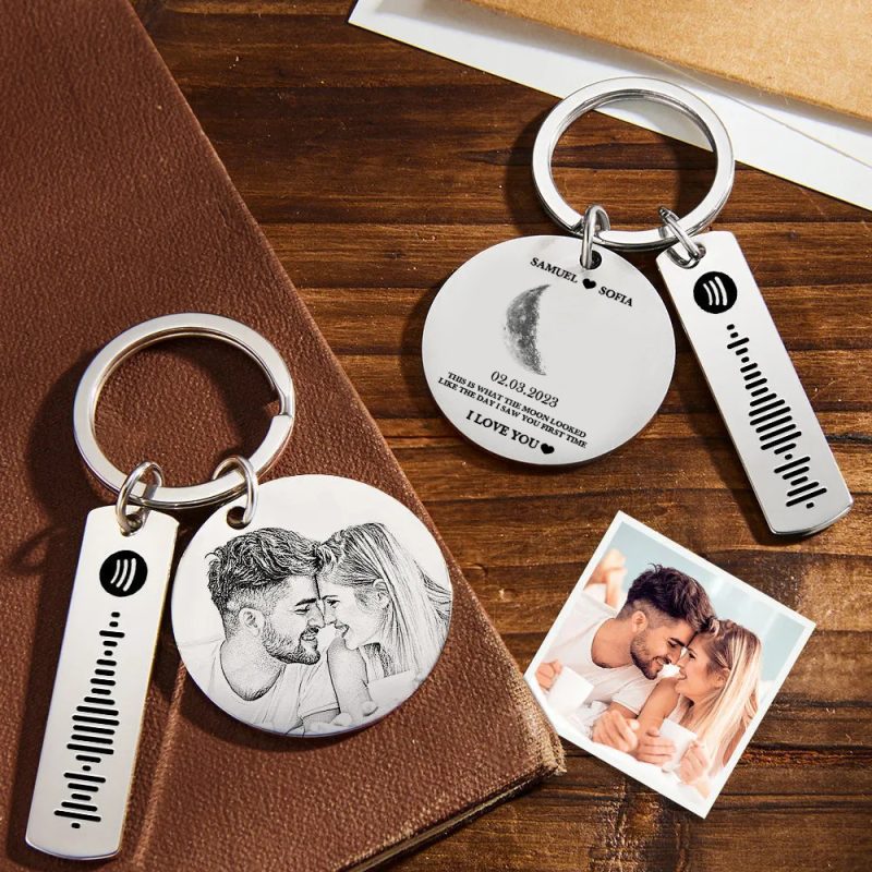Custom Moon Phase Keychain Photo Spotify Keychain Personalized Stainless Steel Key Chains Valentine’s Day Gift – soufeeluk