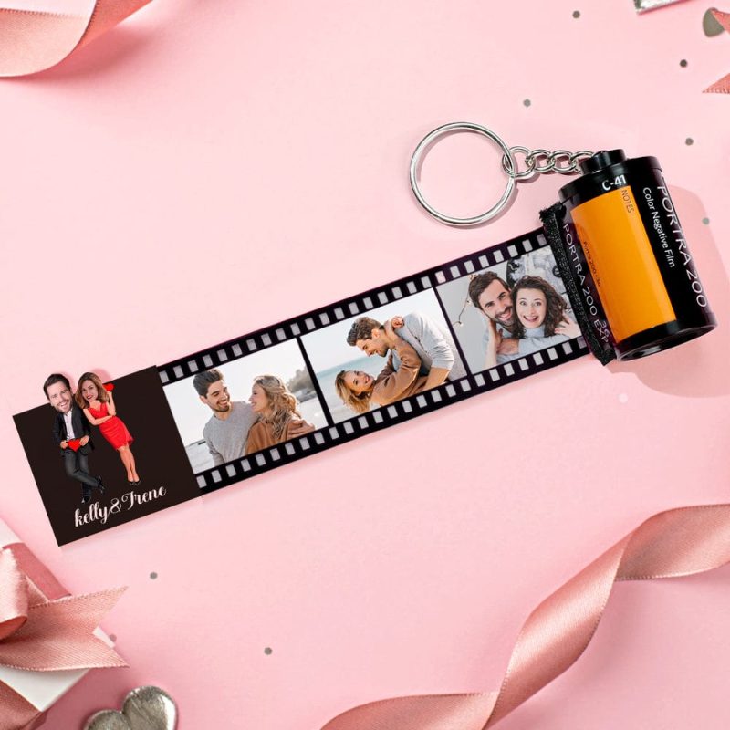 Custom Face Film Roll Keychain Personalized Photo Love Heart Camera Keychain Valentine’s Day Gifts For Couples