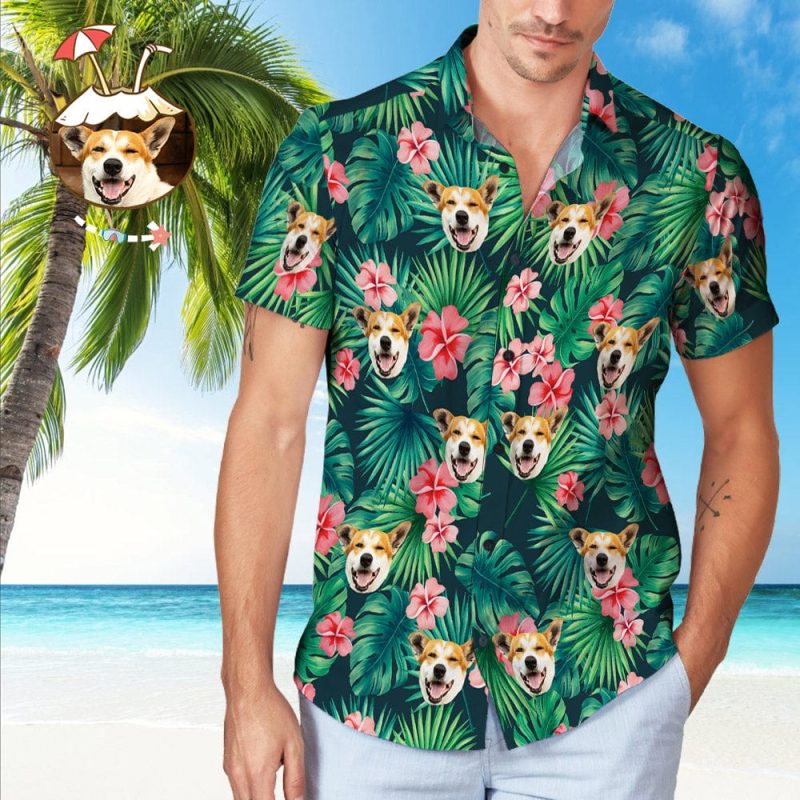 Custom Hawaiian Shirt With Face Tropical Shirts Men’s All Over Print Hawaiian Shirt Leaves & Flowers Gifts for Him