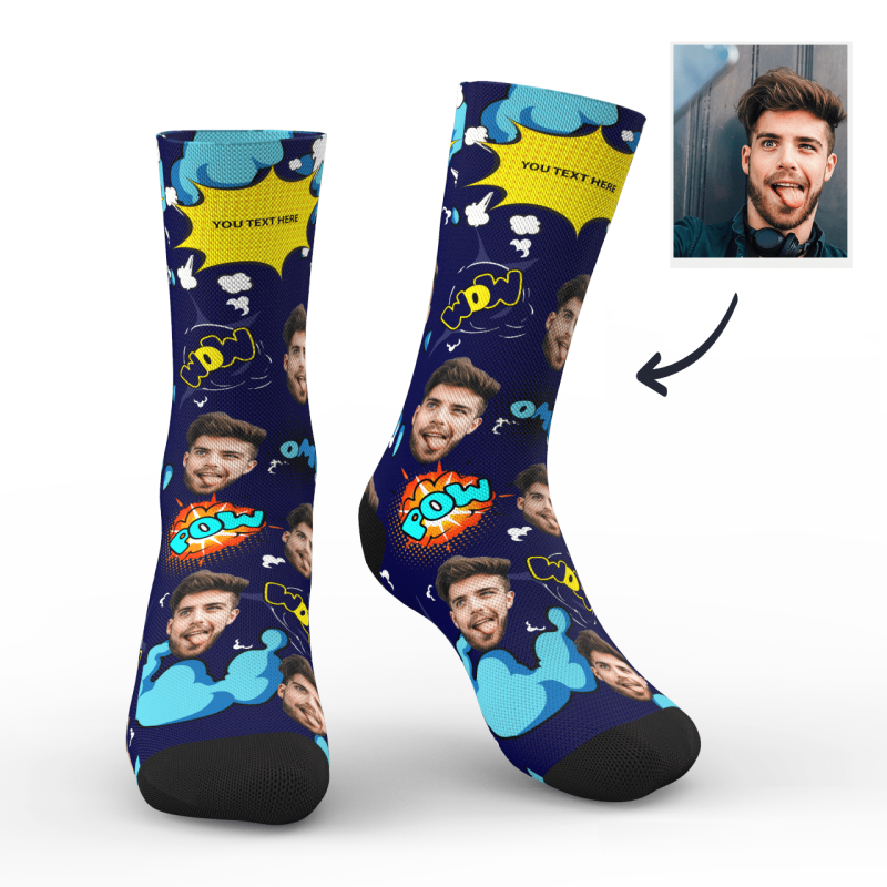 Custom Photo Socks Comic Bang Face Mash With Text Socks