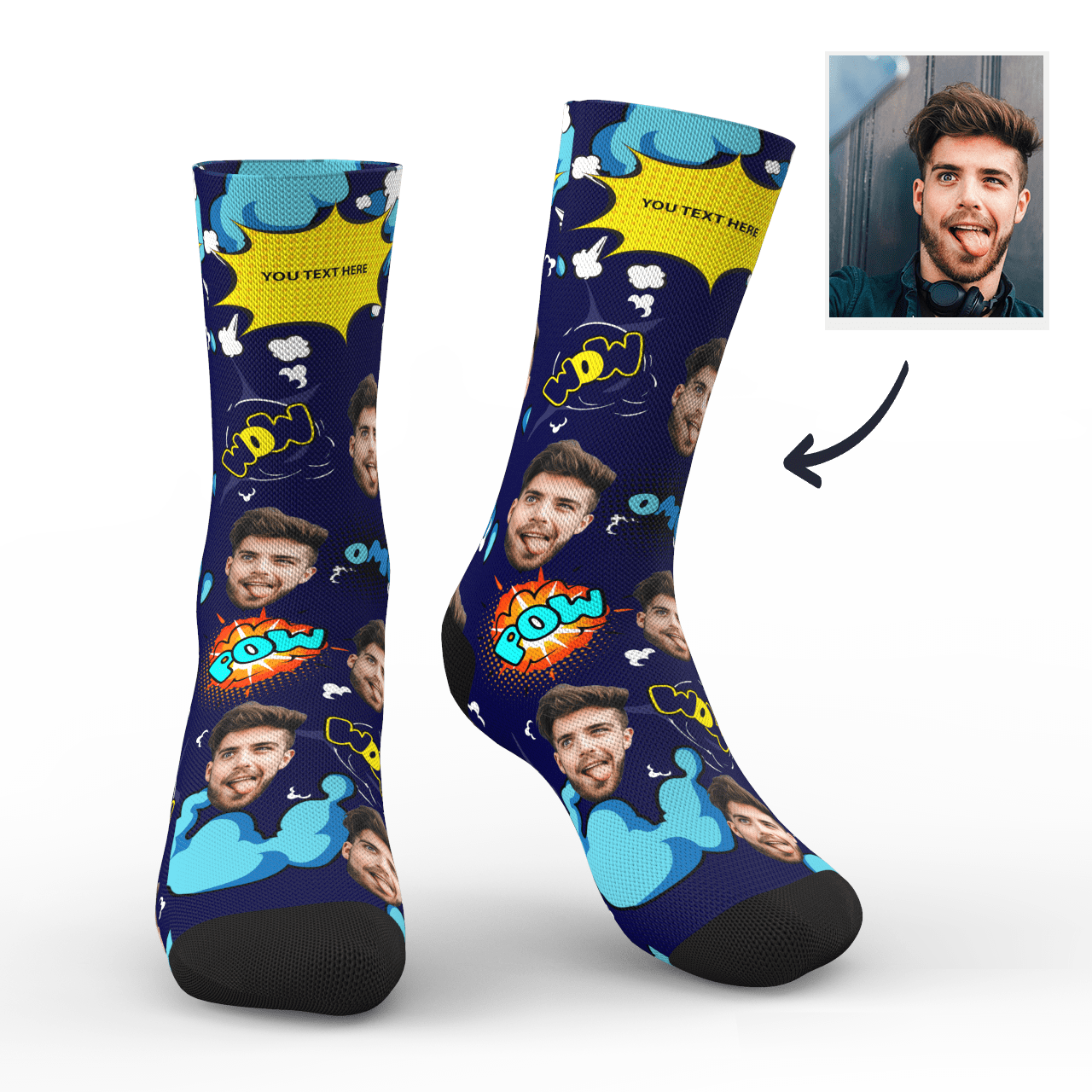 Custom Photo Socks Comic Bang Face Mash With Text Socks