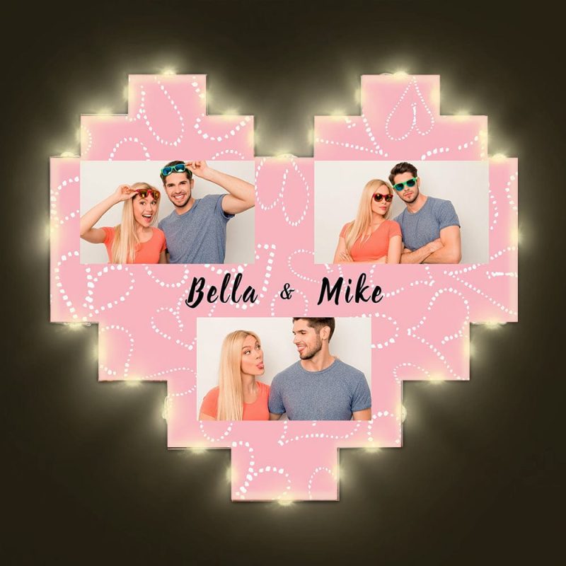 Custom Heart Photo Collage with Light Gifts for Couple Acrylic 3 Photos