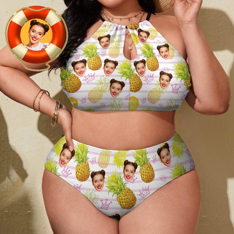 Custom Swimwear Face Plus Size Swimwear High Waisted Bikini Gift For Her-Pineapple