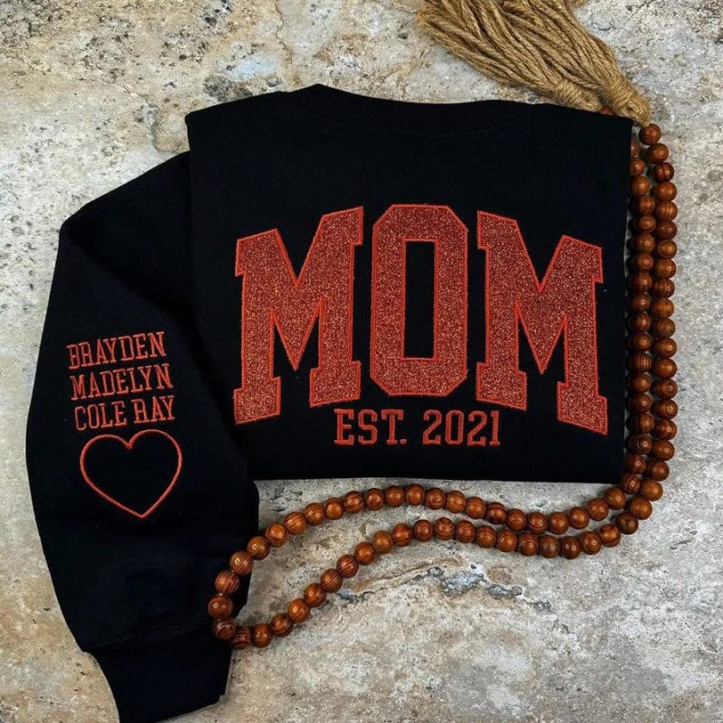 Embroidered Glitter Vinyl MAMA Sweatshirt with Names Mother’s Day Gifts for Mom and Grandma