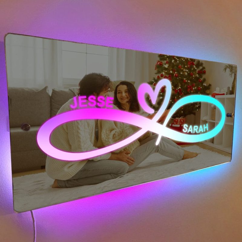 Personalized Name Mirror Light Infinity Heart Couple Gift For Her