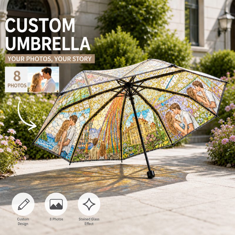 Personalized Stained Glass Photo Umbrella Custom 8 Photo Folding Umbrella Inspired By Cathedral Art Portable Travel Umbrella 3
