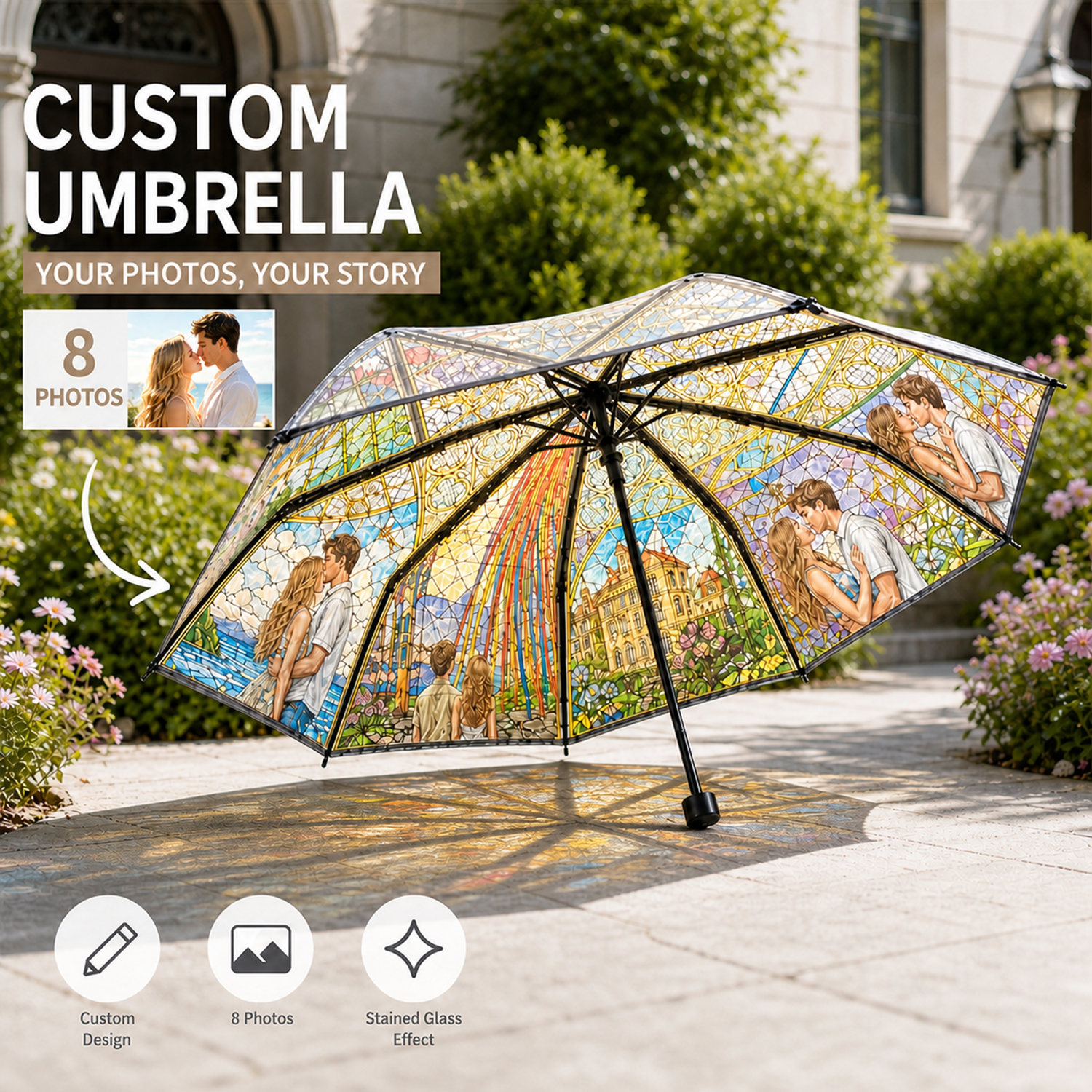 Personalized Stained Glass Photo Umbrella Custom 8 Photo Folding Umbrella Inspired By Cathedral Art Portable Travel Umbrella 3