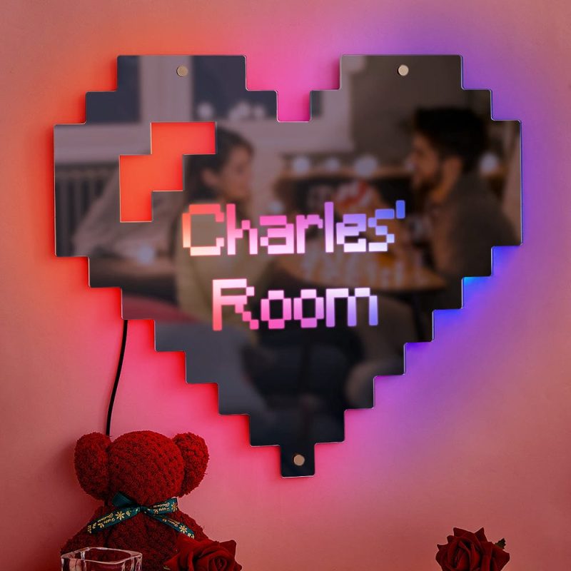 Custom Engraved Mirror Light Pixel Style Heart Home Gift