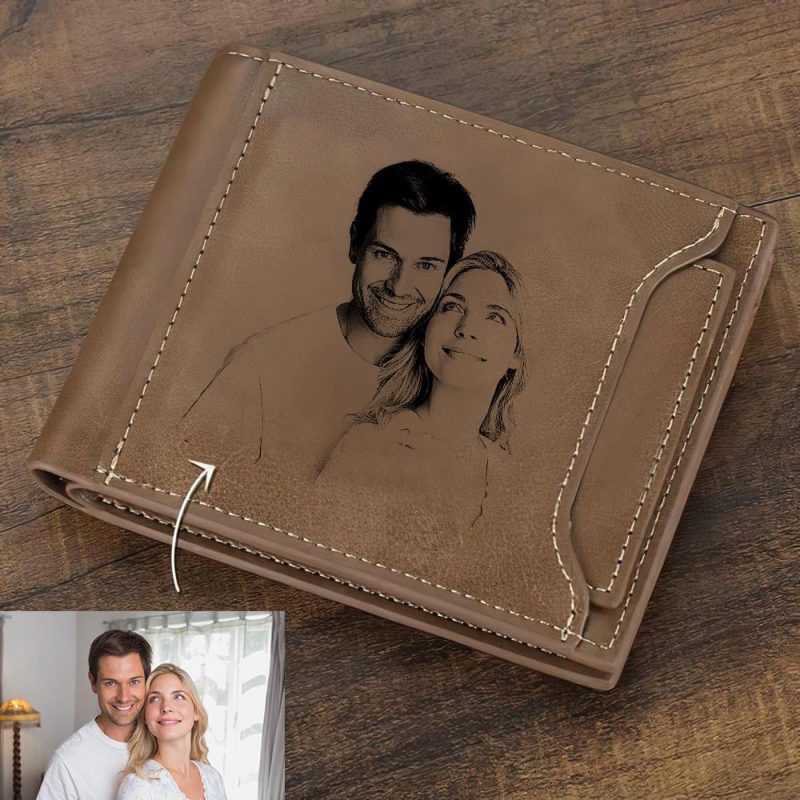 Custom Photo Engraved Wallet Short Style Bifold – Brown Leather