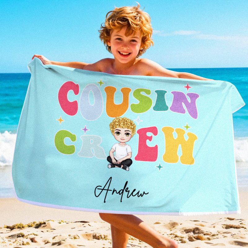Personalized Cousin Crew Cartoon Beach Towel with Name Beach Vacation Accessories Gift