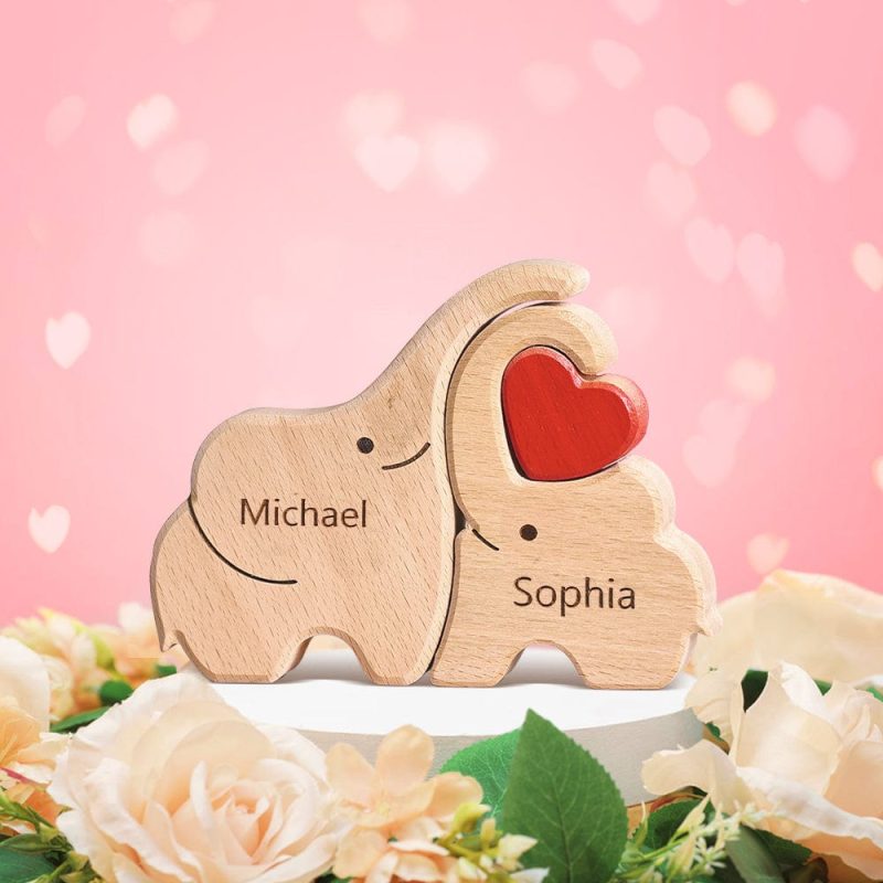 Valentine’s Day Gifts Wooden Family Elephant Puzzle Custom Names Home Decor