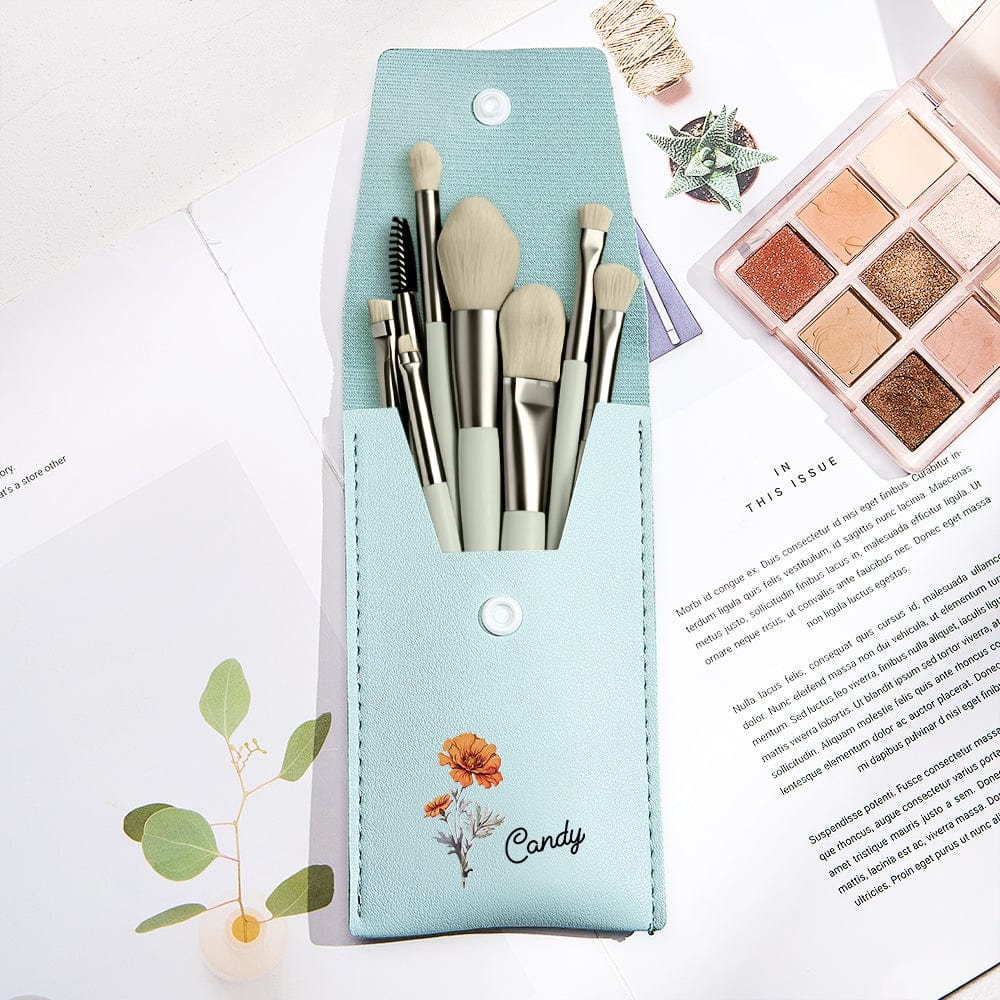 Personalized Birth Flower Leather Makeup Brush Bag with 8 Pcs Makeup Brushes Birthday Wedding Gift - Image 3