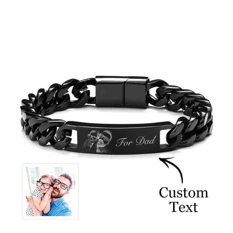 Father’s Day Gifts Custom Engraved Men’s Bracelet Stainless Steel Photo Vintage Bracelet Jewelry-Black