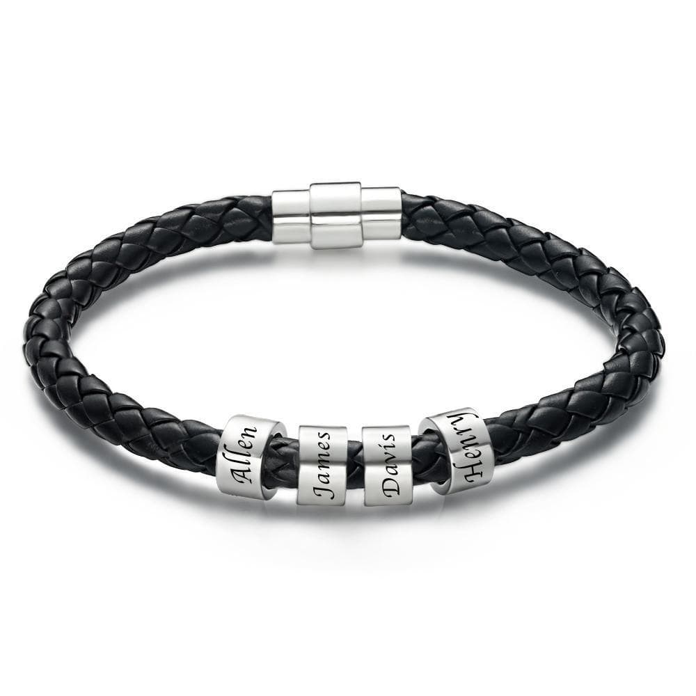 Men's Leather Bracelet Custom Engraved Bracelet Black Leather Beads Bracelet Small Custom Bead for Him 1-6 Charms - Image 4