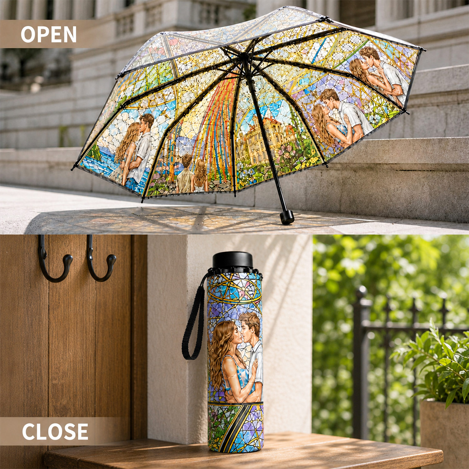 Personalized Stained Glass Photo Umbrella Custom 8 Photo Folding Umbrella Inspired By Cathedral Art Portable Travel Umbrella 3 - Image 2