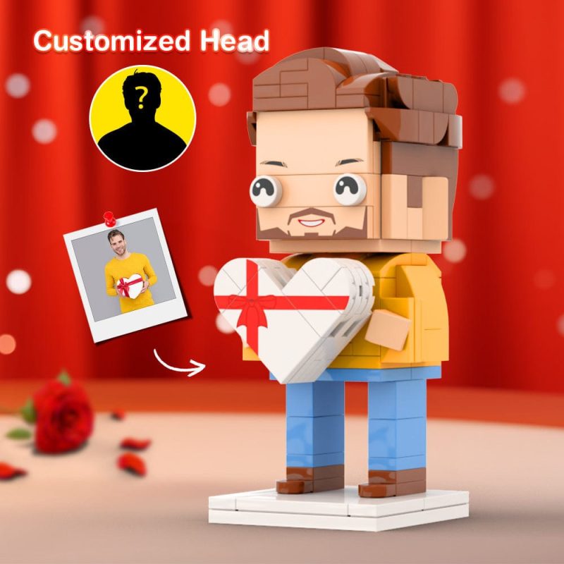 Boy Holding Heart-shaped Gift Box Valentine’s Day Gift Custom Head Brick Figures Personalized Brick Figures Small Particle Block