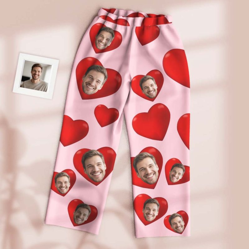 Custom Pajamas Pants Dark Tone with Embedded Photo Hearts Adjustable Waistband Multiple Color Options Valentine’s Day Gift